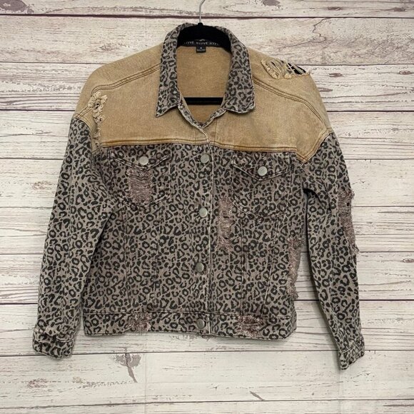 HYFVE Distressed Cropped Denim Leopard Print Jacket Small - Picture 1 of 11